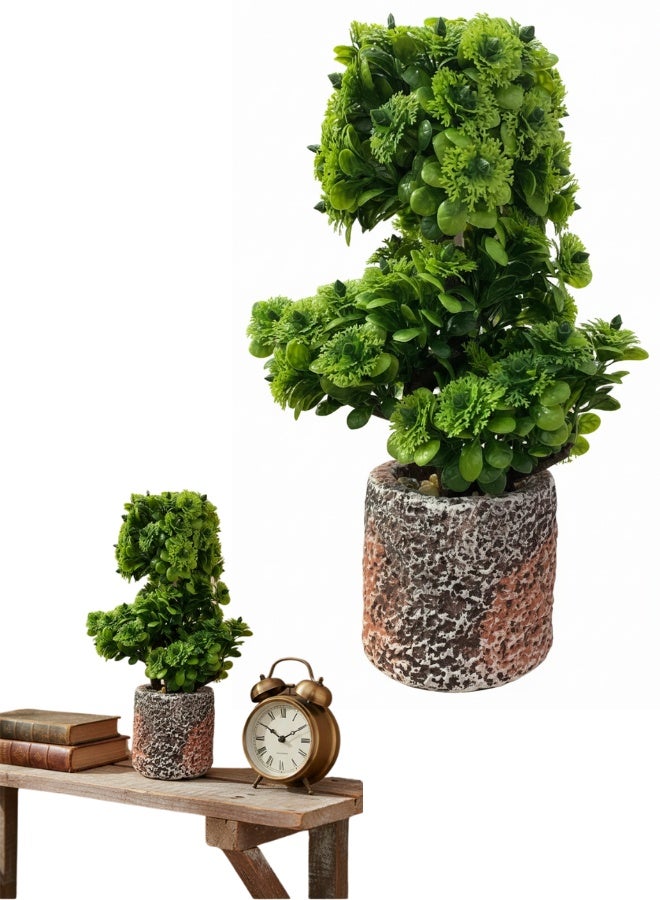 شجيرة بونساي صناعية خضراء كثيفة بتصميم شجري متدرج تحاكي فن البونساي الياباني مع أوراق خضراء داكنة وفاتحة واقعية داخل أصيص حجري صخري ريفي دائري بلمسة فخار معتق و حصى طبيعي للديكور الداخلي للمنازل والمكاتب وغرف المعيشة والاستقبال بدون ري أو صيانة - Image 1